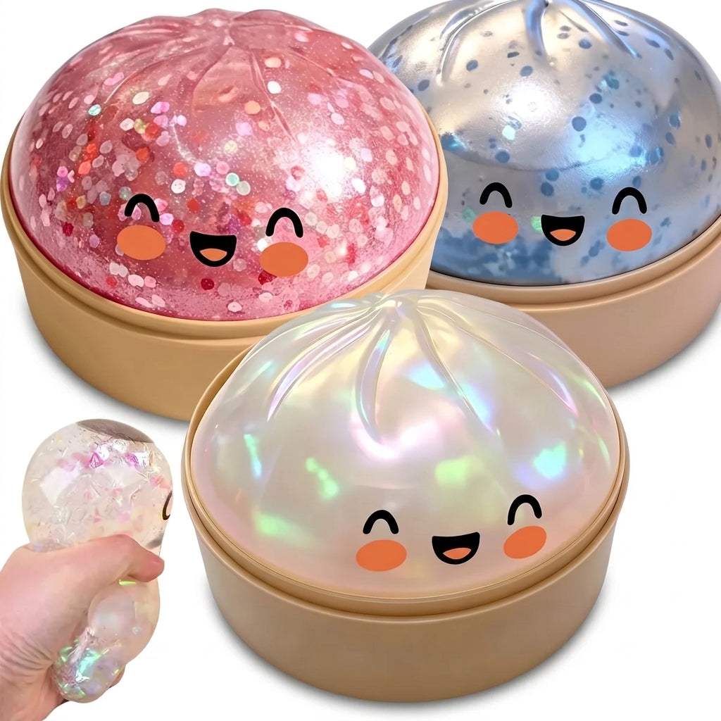 Rare glitter dumpling bun squishy in a cute steamer-style cage