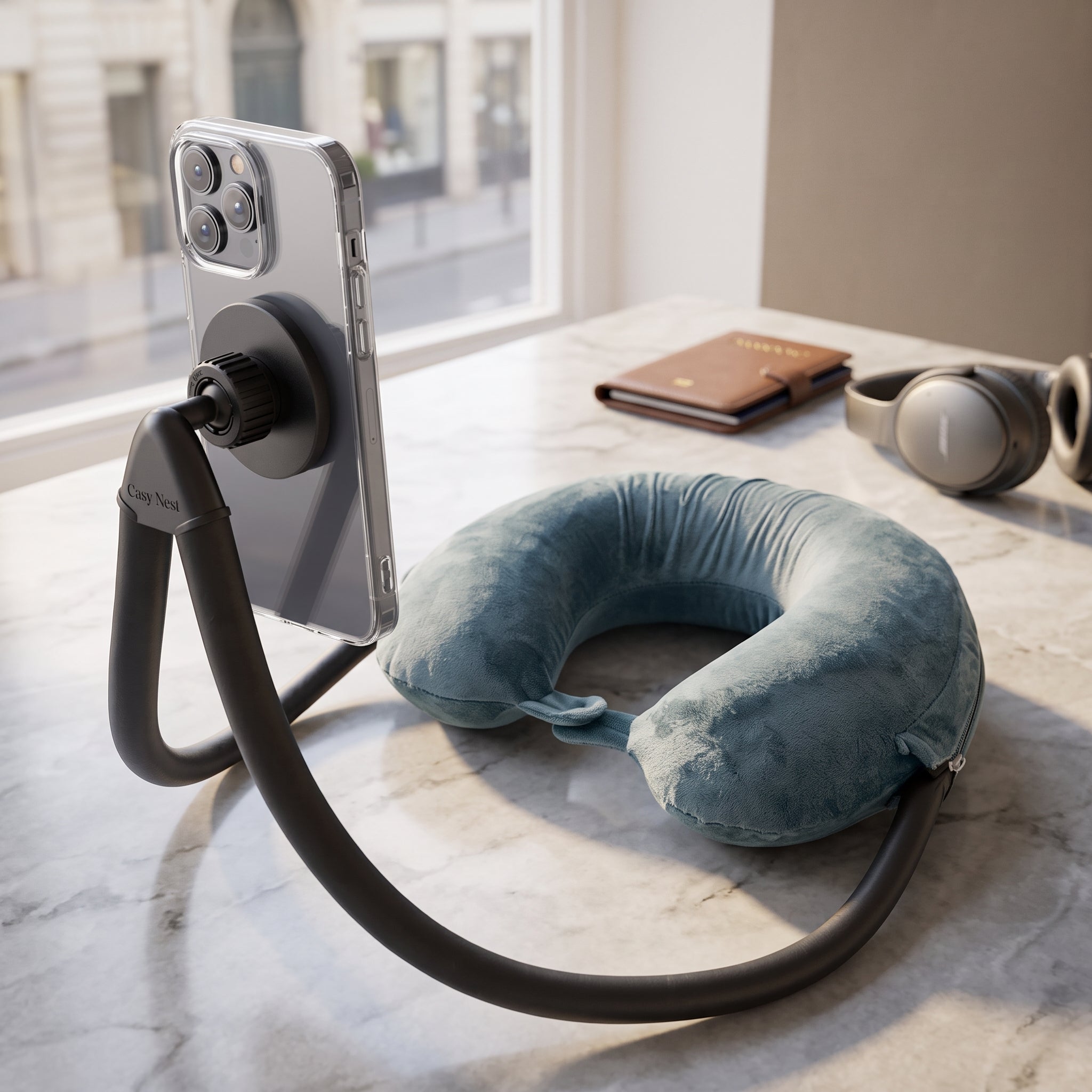 Memory Foam Travel Neck Pillow with MagSafe Phone Holder