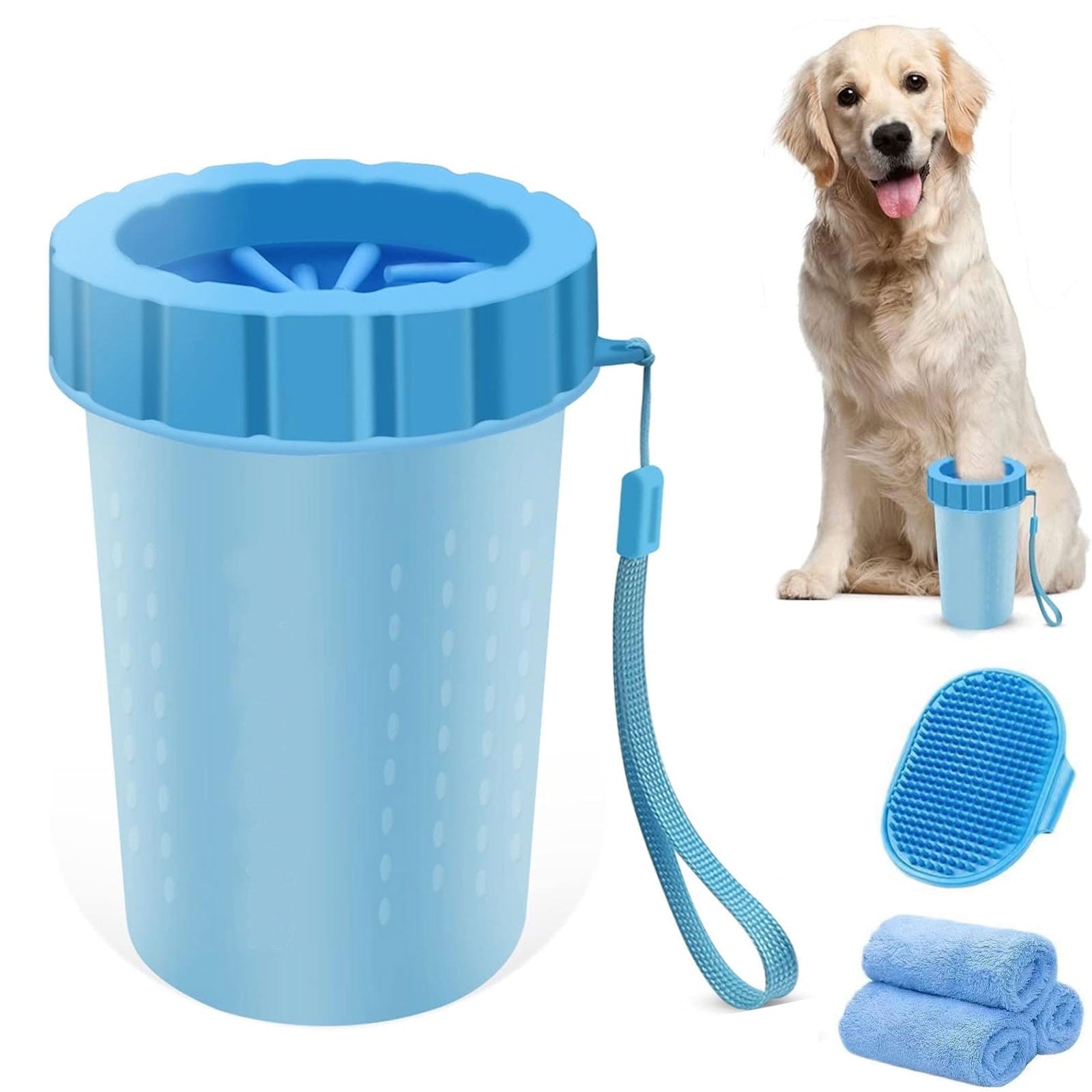 Portable Dog Paw Washer Set – Silicone Cleaner Cup with 3 Towels & Adjustable Bath Brush for Medium & Large Dogs