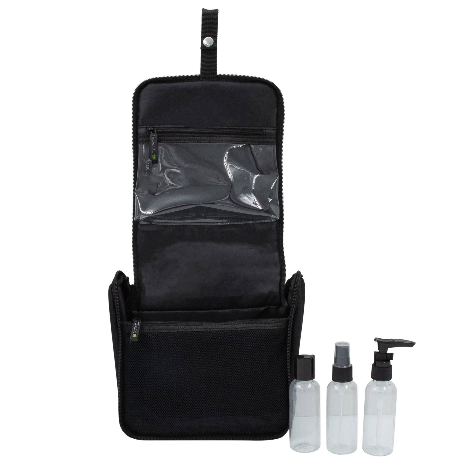 RPET Hanging Toiletry Bag Set with 3 Piece Clear Refillable Travel Bottles, Black
