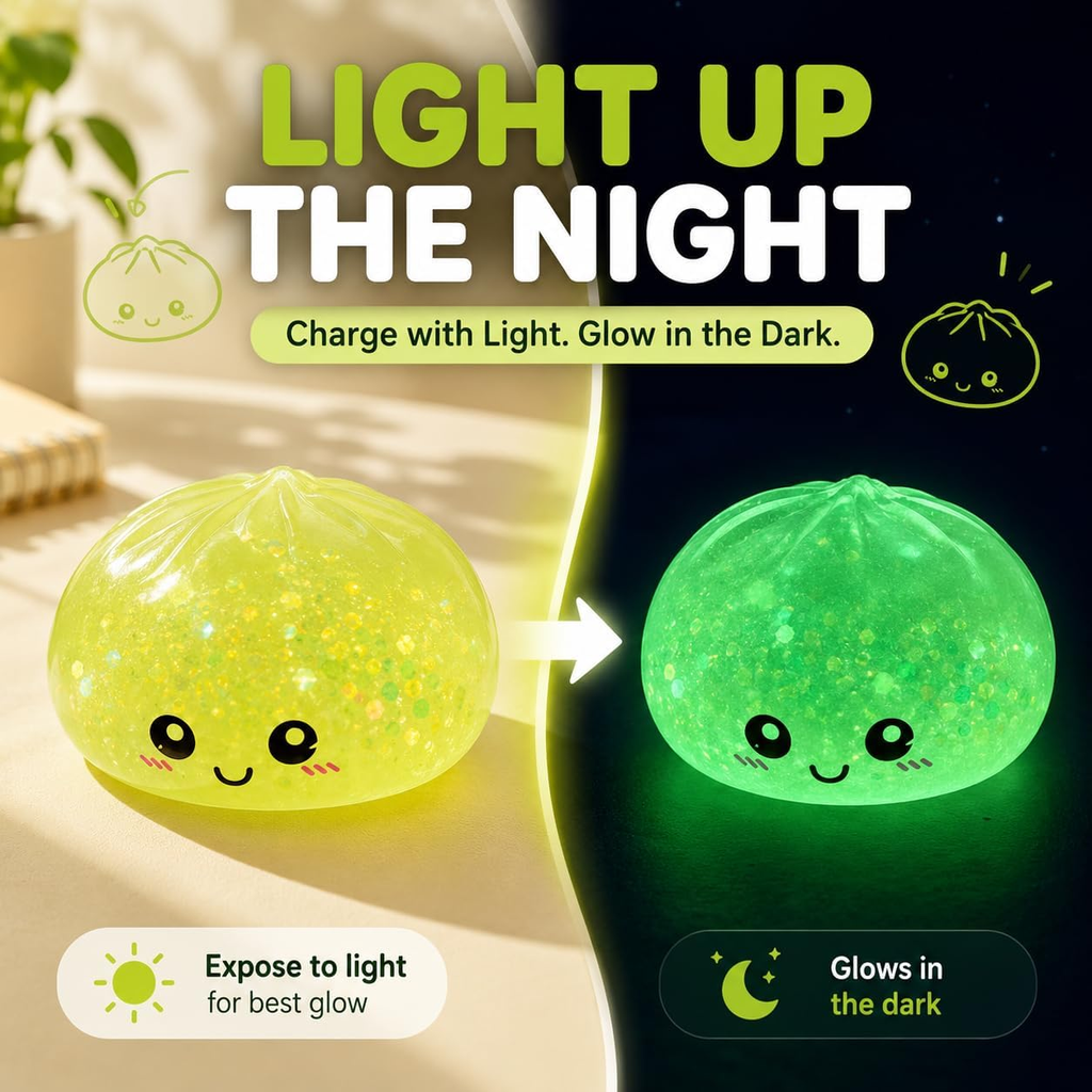 Soft glow-in-the-dark squishy toy with sparkling glitter details