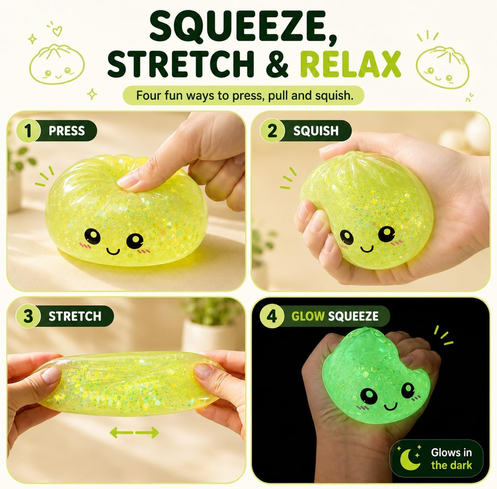 Cute squishy fidget toy for desk and room decor with glitter design