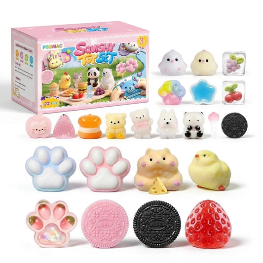 22-piece Taba squishy toys set with assorted cute fidget designs for kids and adults