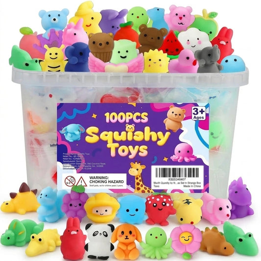 100-piece mini mochi squishy toy set with assorted colorful animal and fruit designs