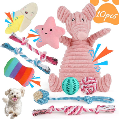10-Pack Small Dog Puppy Chew Toys – Teething & Training Set with Plush Squeaky Toys, Treat Ball & Rope Toys (Pink Pig)