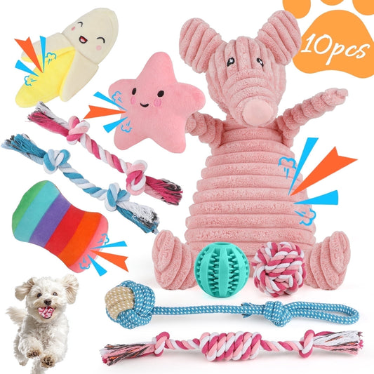 10-Pack Small Dog Puppy Chew Toys – Teething & Training Set with Plush Squeaky Toys, Treat Ball & Rope Toys (Pink Pig)