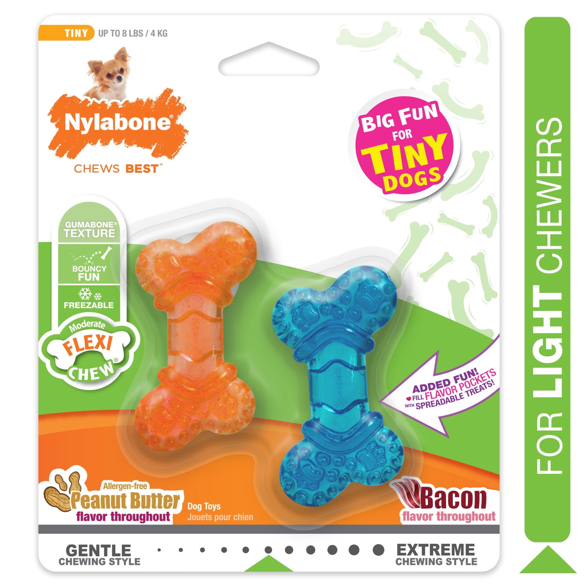 2-Pack XX-Small Chew Bone Dog Toy – Peanut Butter & Bacon, Orange & Blue