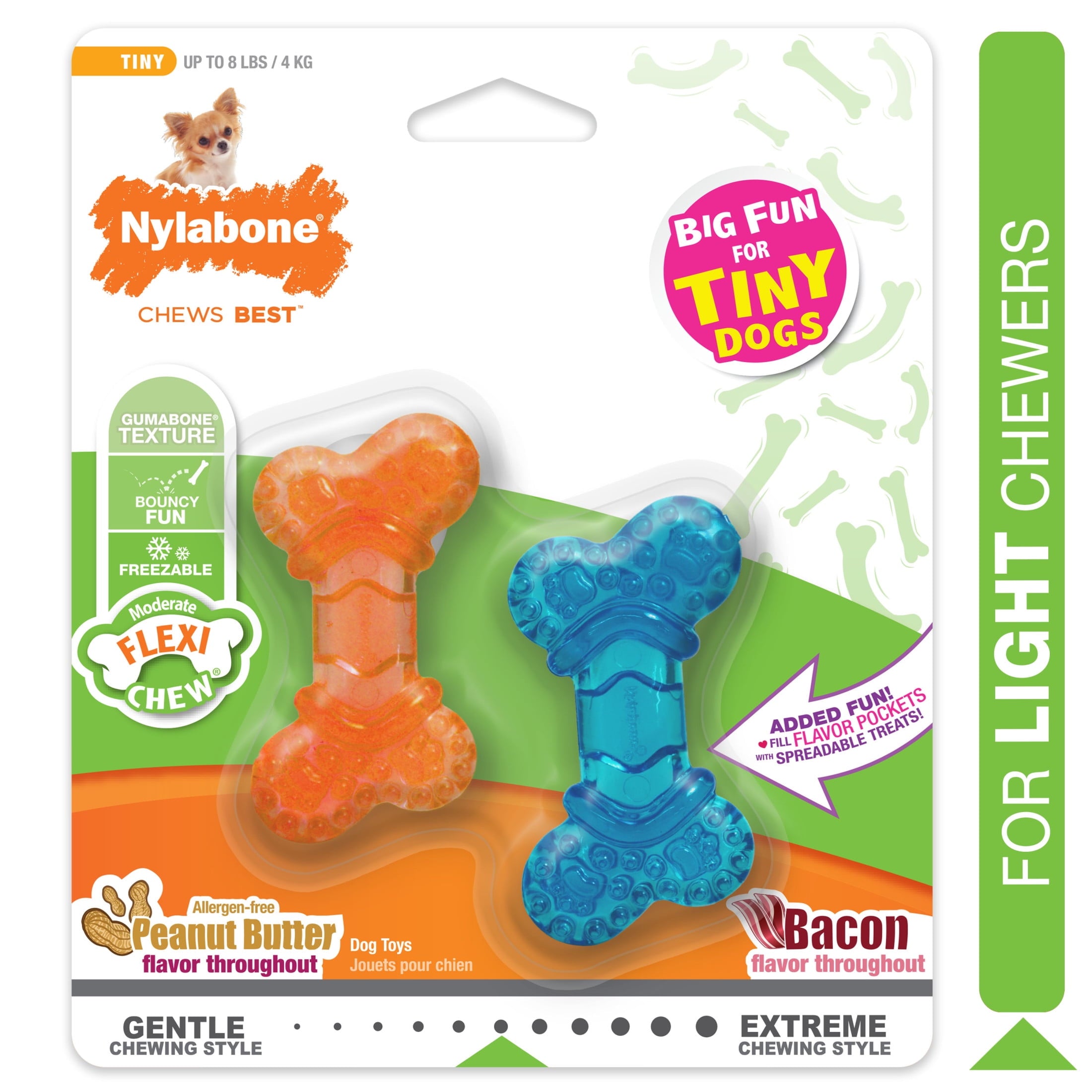 2-Pack XX-Small Chew Bone Dog Toy – Peanut Butter & Bacon, Orange & Blue