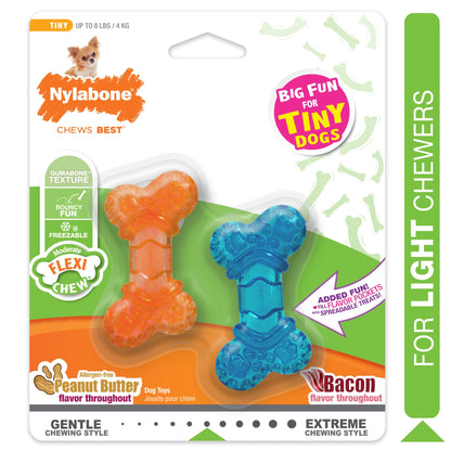 2-Pack XX-Small Chew Bone Dog Toy – Peanut Butter & Bacon, Orange & Blue