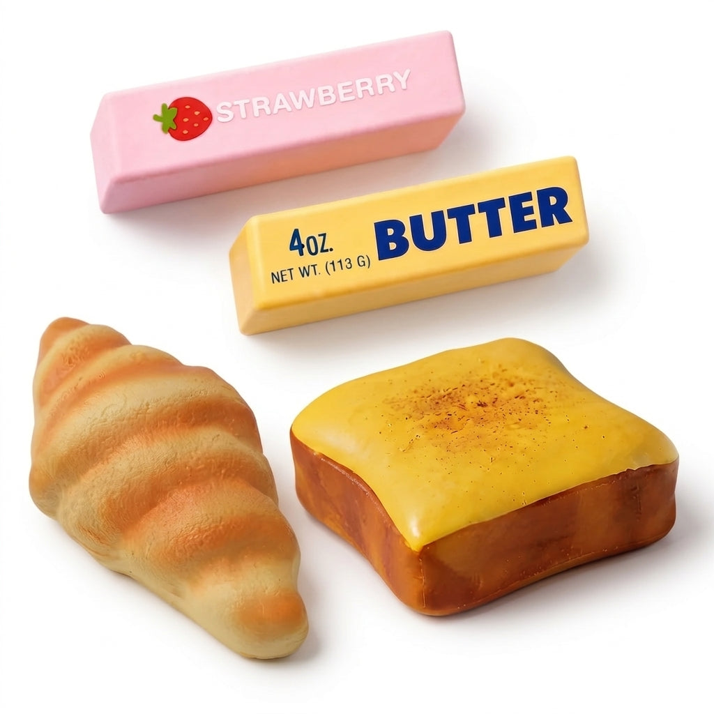 4-piece slow-rising bread squishy set with toast butter and croissant designs