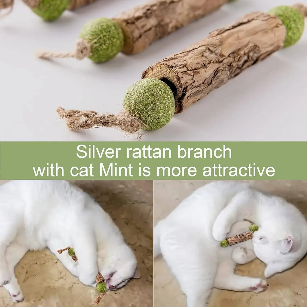 Natural catnip chew stick in use during play