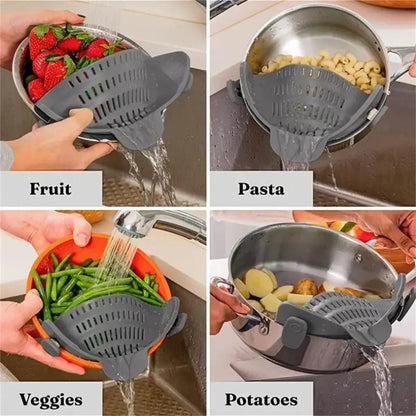 Draining pasta with clip-on strainer
