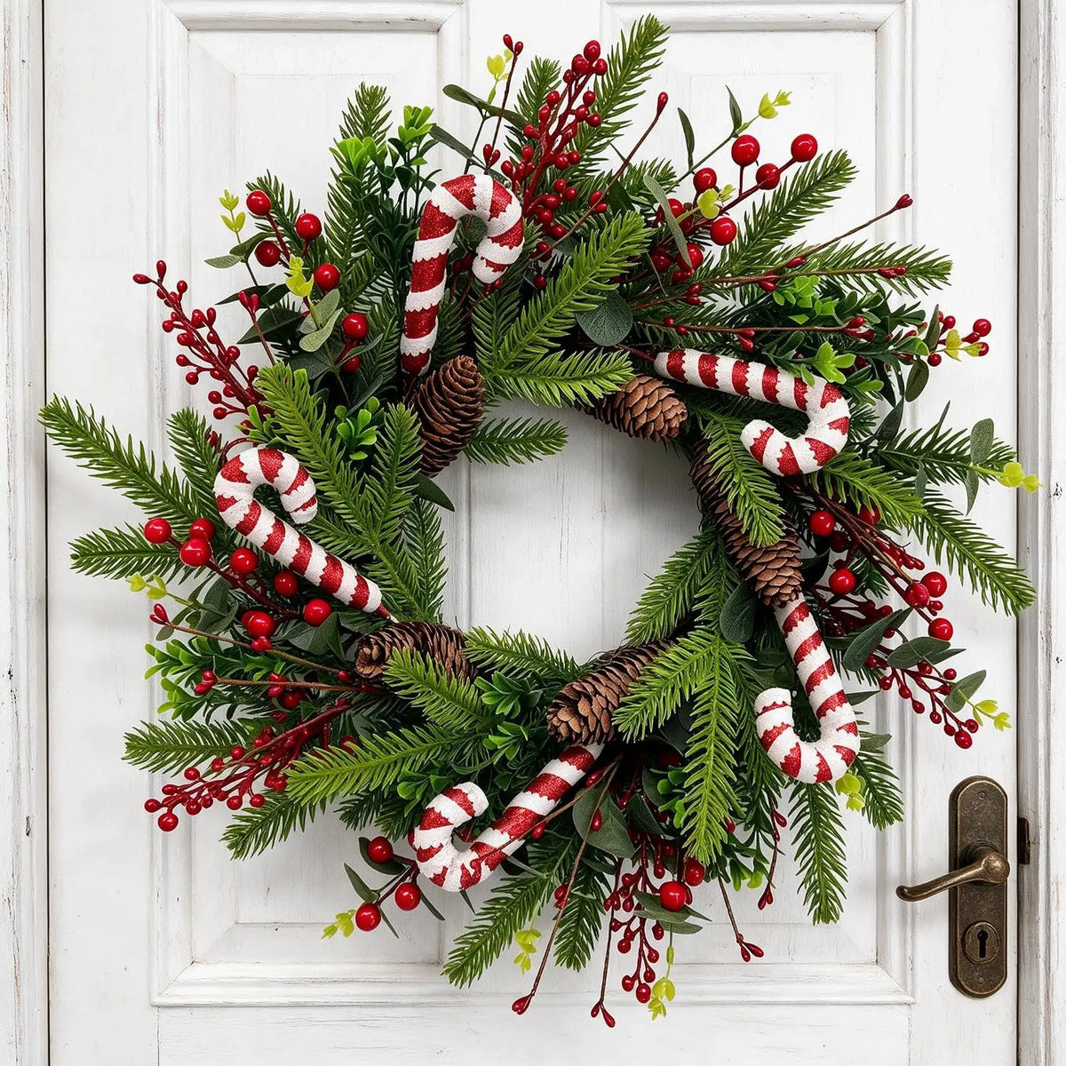 Candy cane Christmas wreath 20 inch with pinecones and red berries