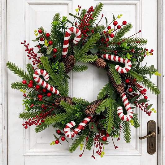 Candy cane Christmas wreath 20 inch with pinecones and red berries