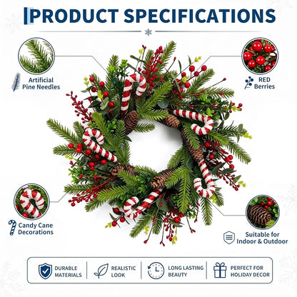 Candy cane Christmas wreath 20 inch with pinecones and red berries - image 3