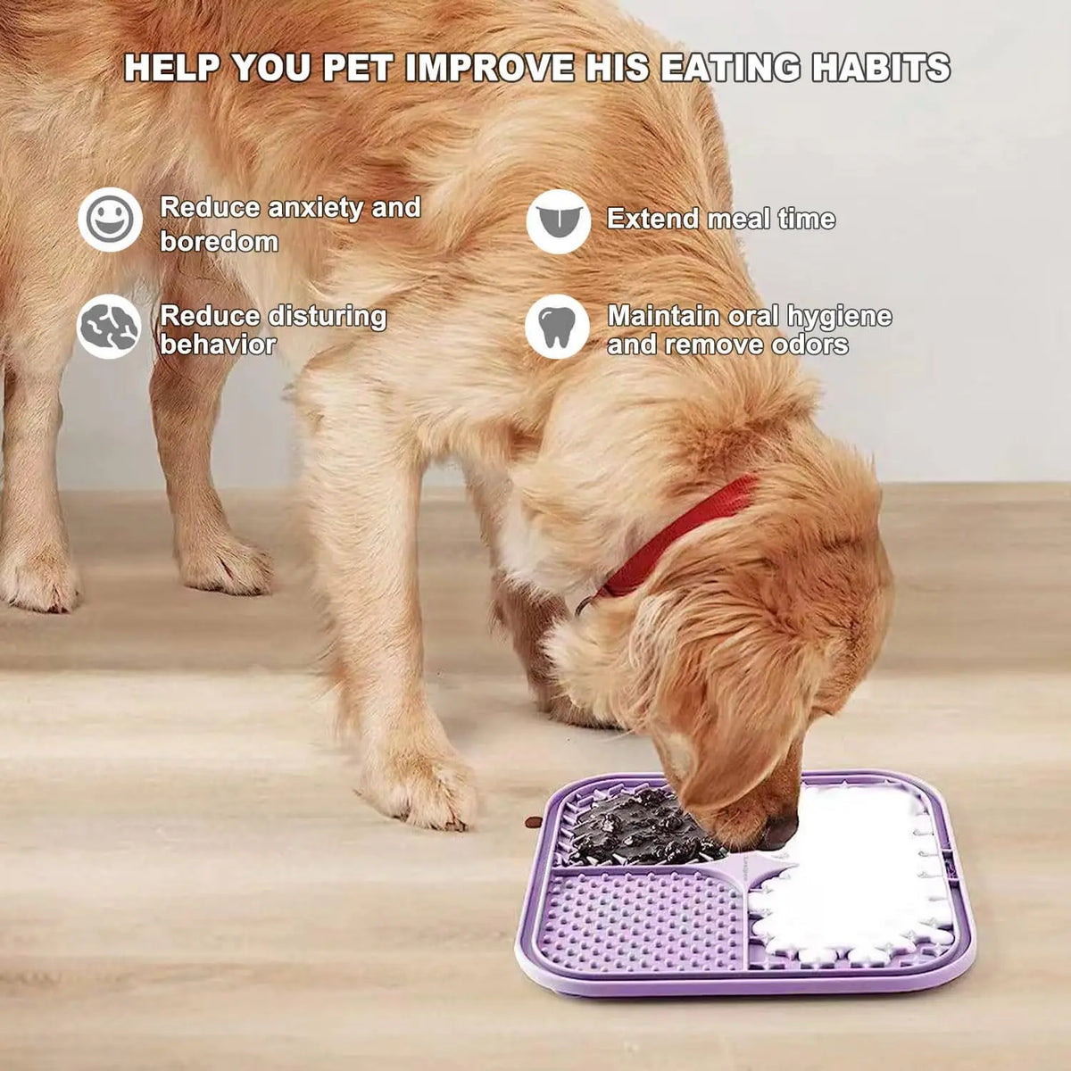 Dog licking food from silicone lick mat