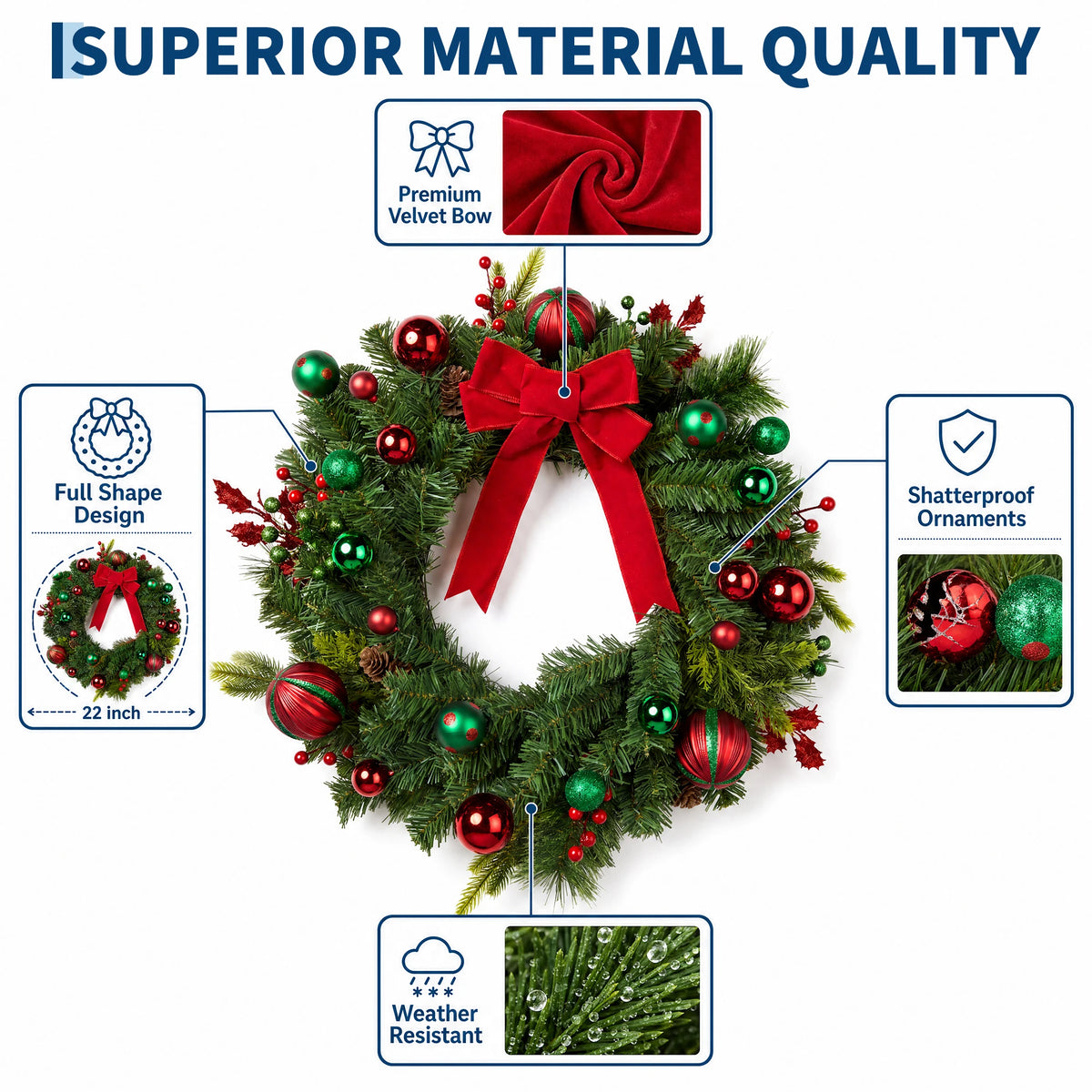 22 inch pre-lit Christmas wreath with red bow - image 3