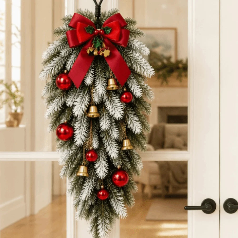 Norfolk pine Christmas swag set with red bow and gold bells - image 2
