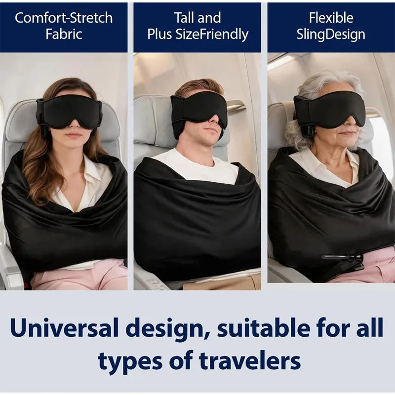 Traveler sleeping on plane with sleep support set