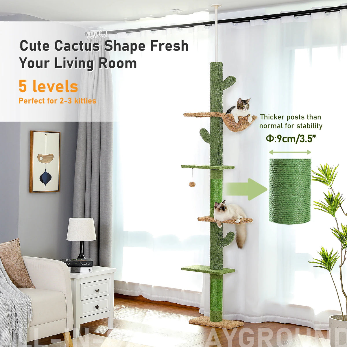 Floor to ceiling cactus cat tree with hammock