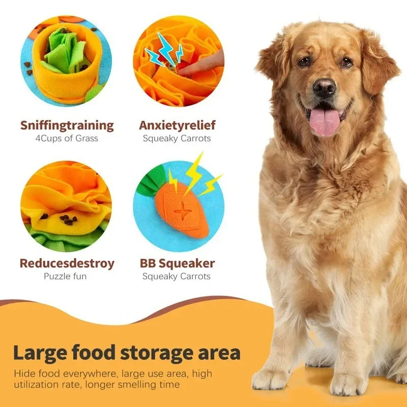 Dog searching for treats on large snuffle mat
