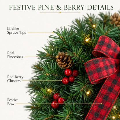 Pre-lit farmhouse Christmas wreath with plaid bow - image 5