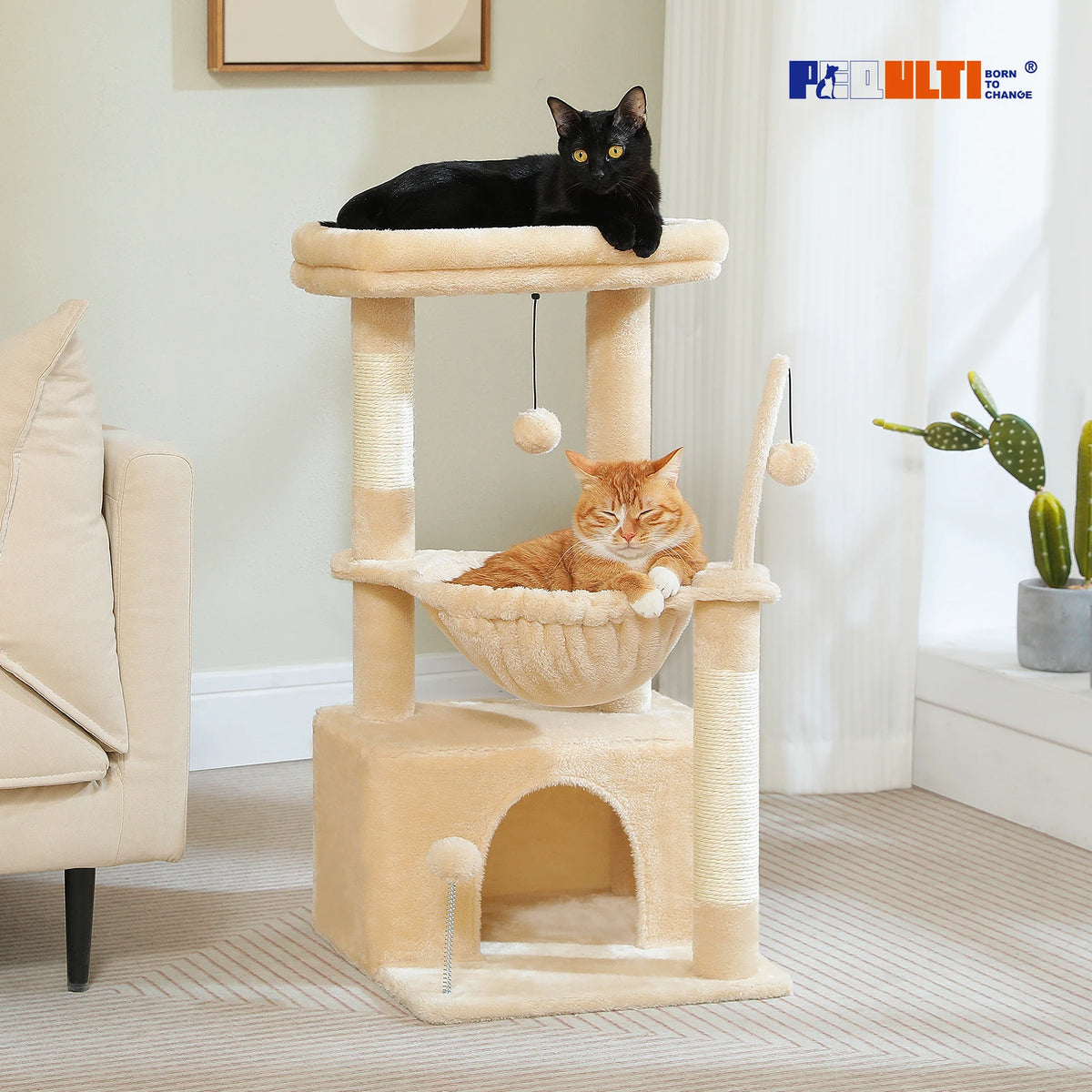 4-in-1 small cat tree with condo and hammock