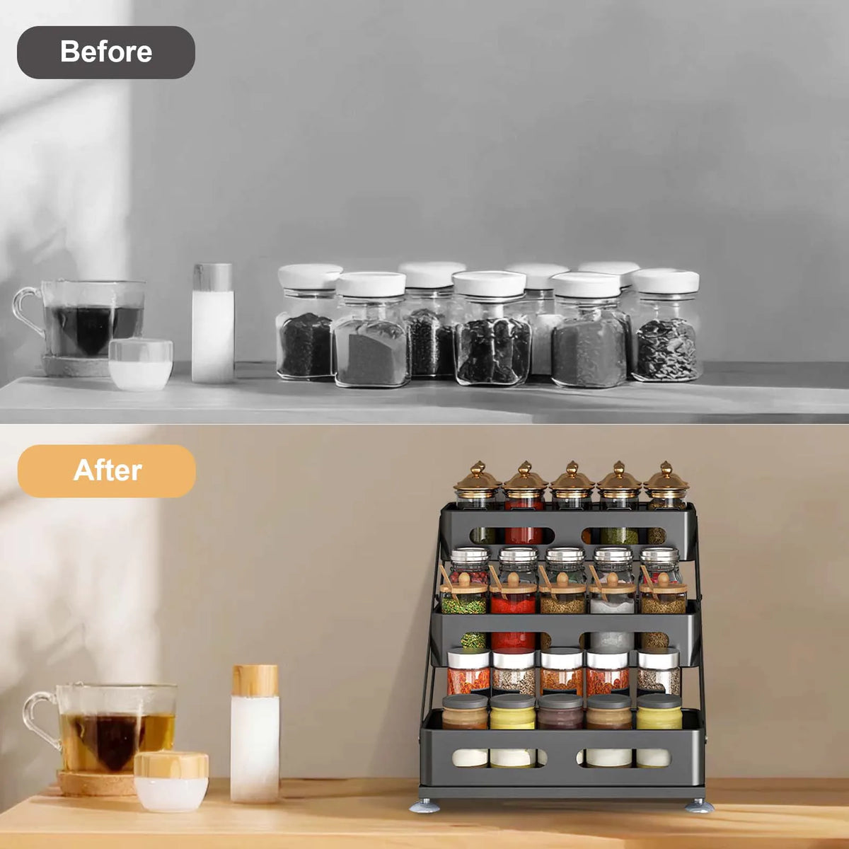 Spice rack with non-slip suction cups for countertop