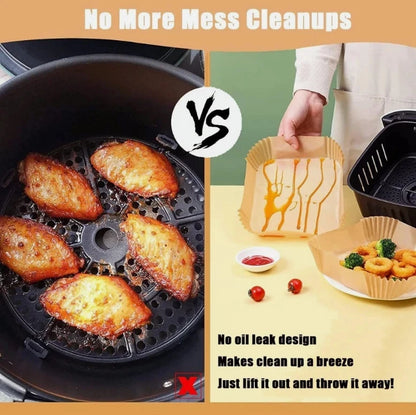 Square disposable air fryer liner with food