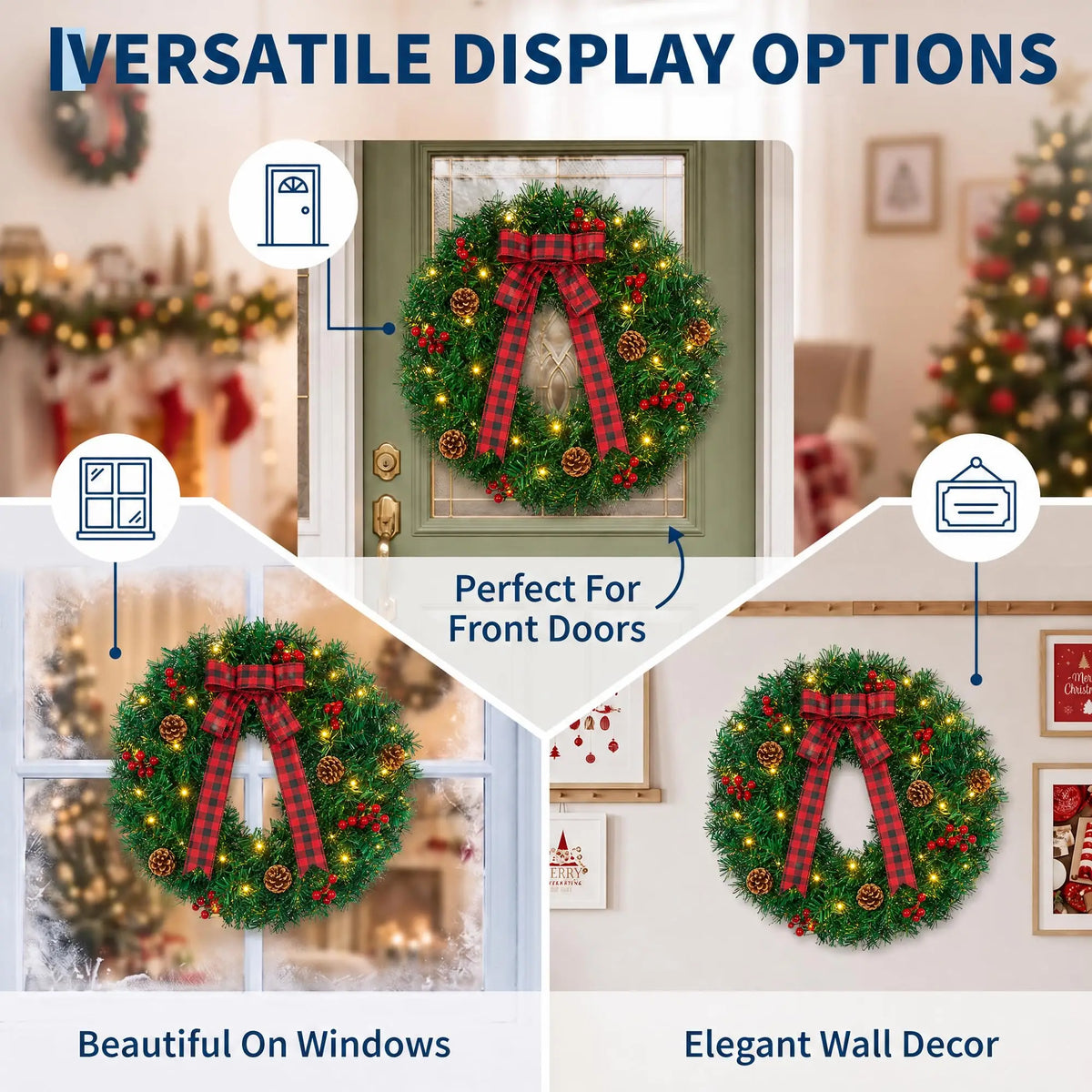 Pre-lit farmhouse Christmas wreath with plaid bow - image 2
