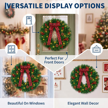 Pre-lit farmhouse Christmas wreath with plaid bow - image 2