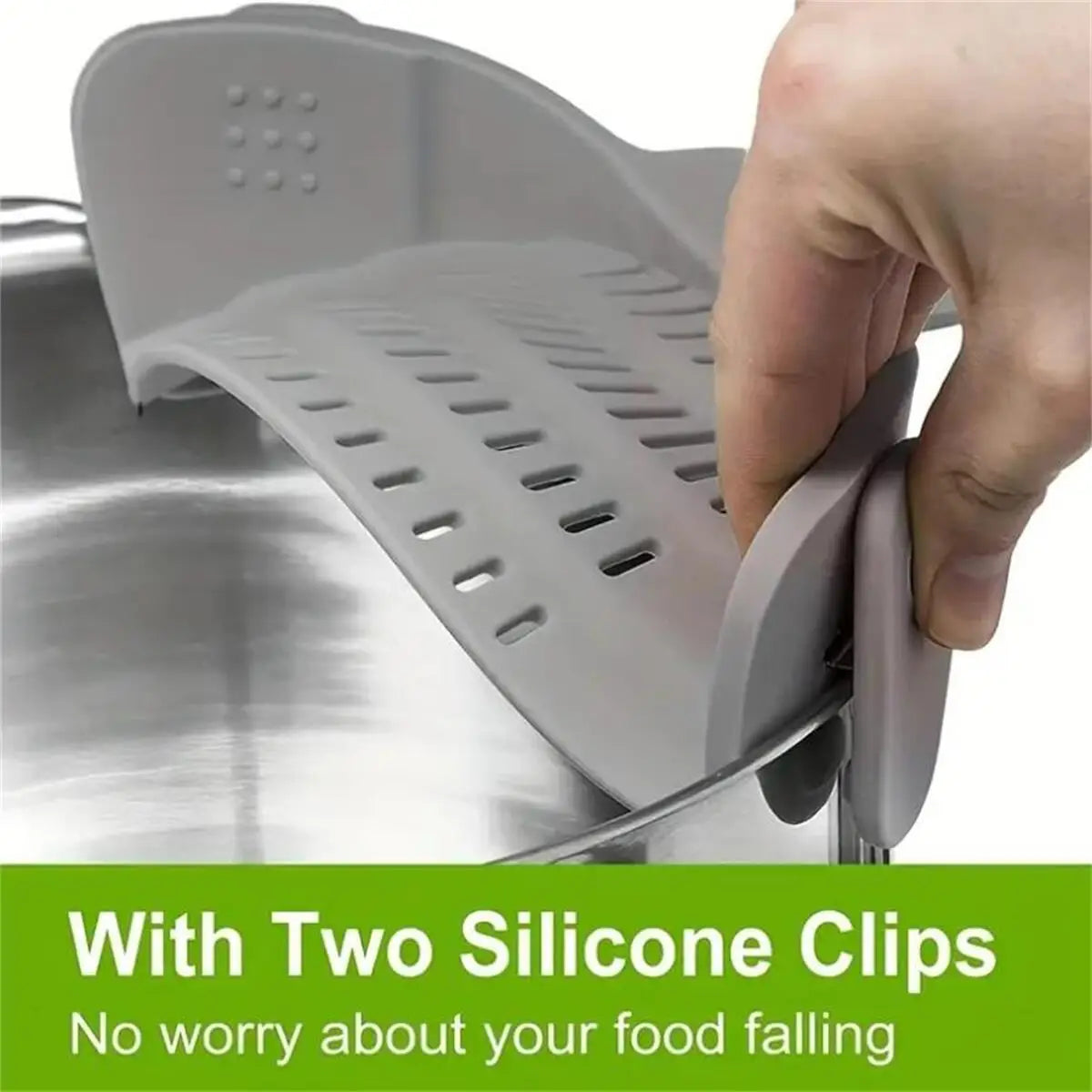 Green clip-on pot strainer