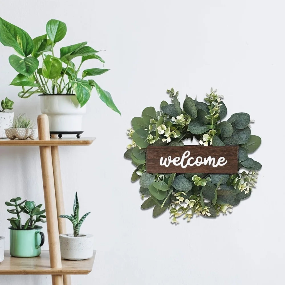 Eucalyptus welcome wreath with white berries and wooden Welcome sign - image 6