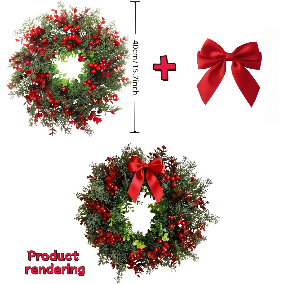 13.8 inch Christmas wreath with red bow and berries - image 6