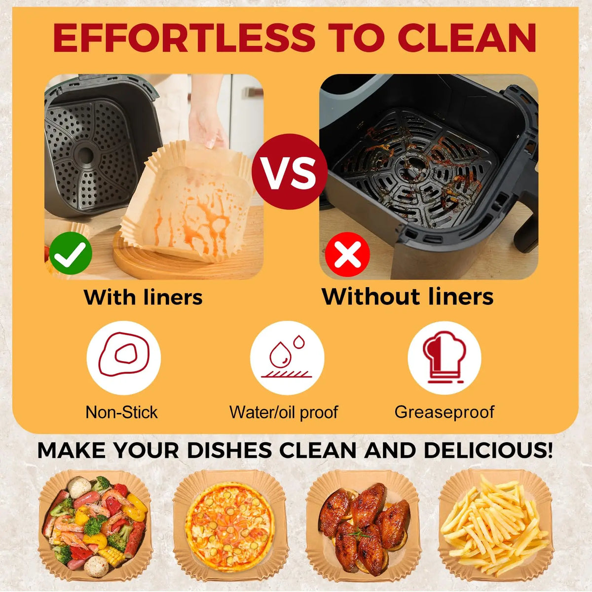 Oil-resistant square paper liners for air fryer basket