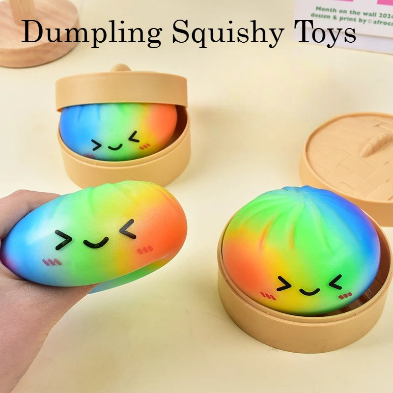 Rainbow dumpling squishy toy with cute bao bun design