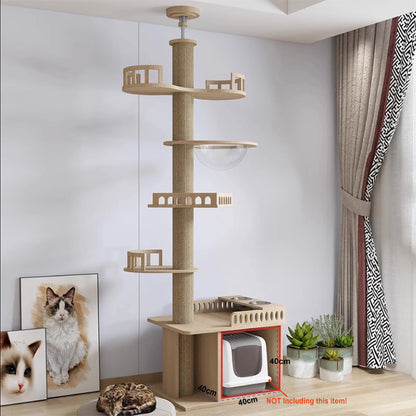 cat playing on floor to ceiling cat tree