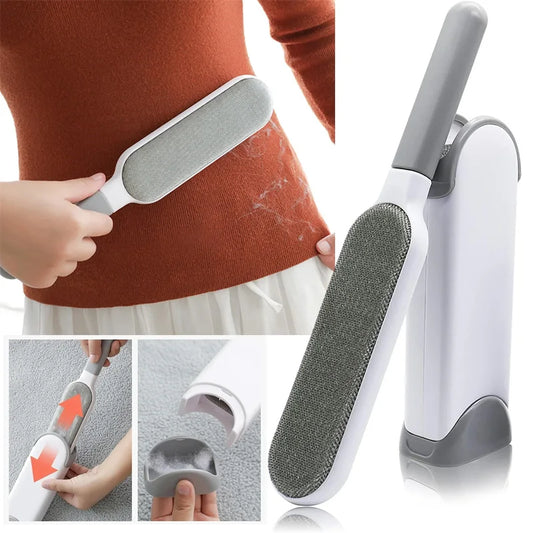 Double-sided lint remover brush with self-cleaning base