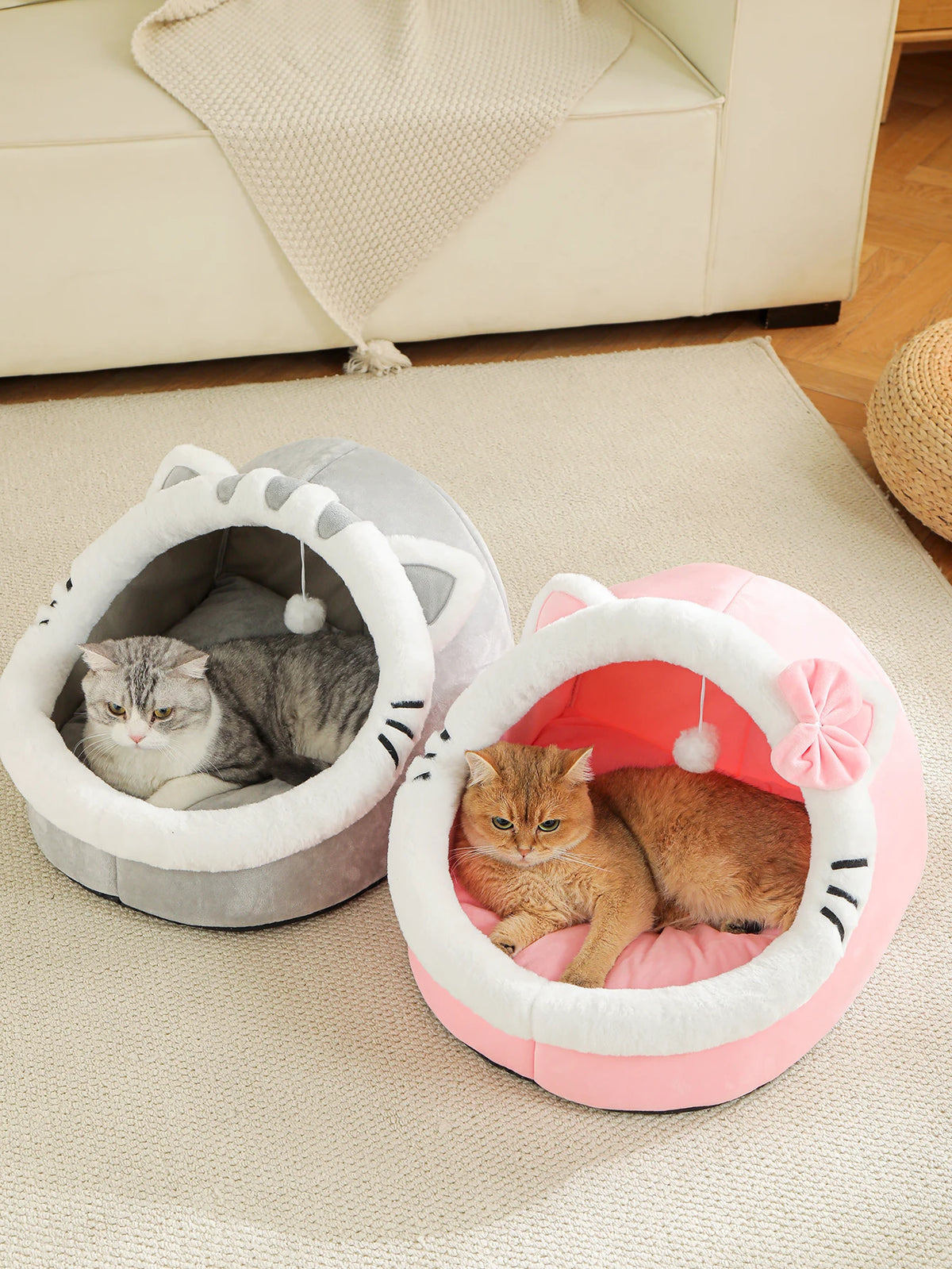 Gray plush cat house bed