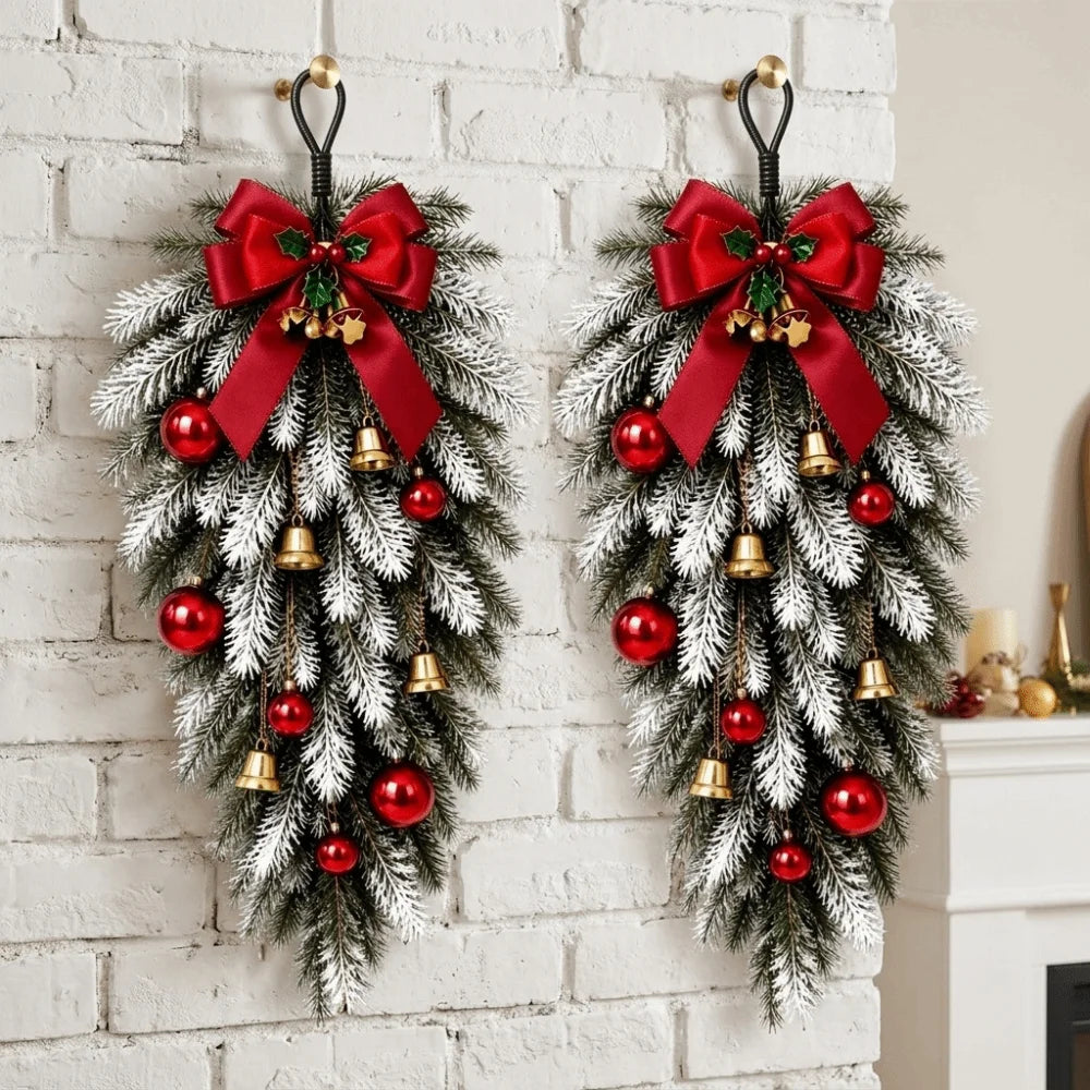 Norfolk pine Christmas swag set with red bow and gold bells