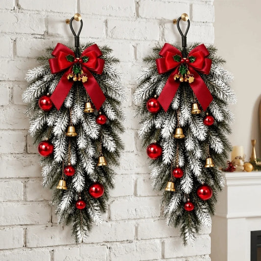 Norfolk pine Christmas swag set with red bow and gold bells