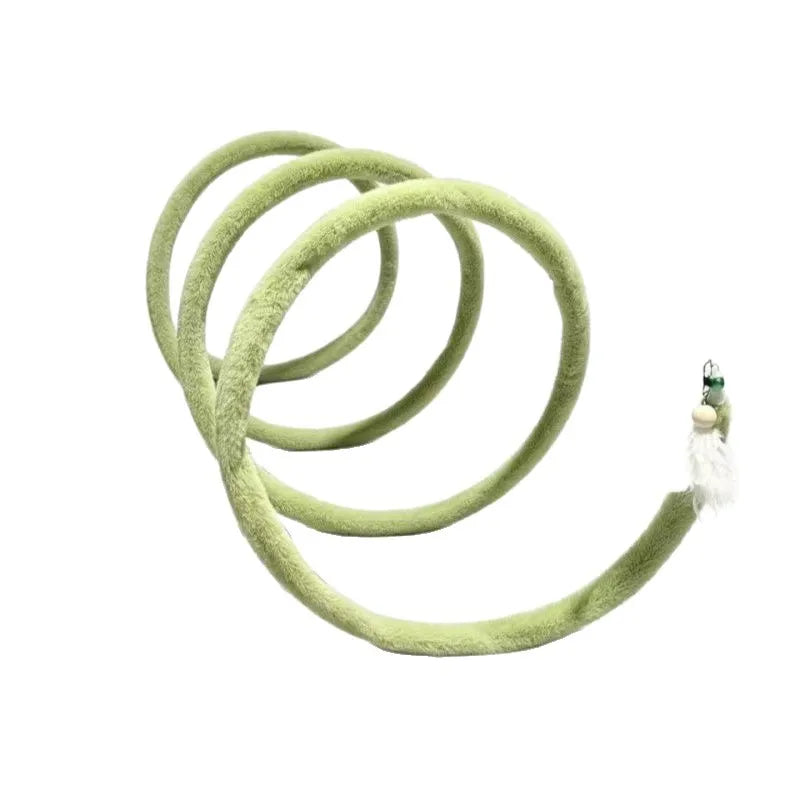 Spring cat tunnel toy with bells in use during play