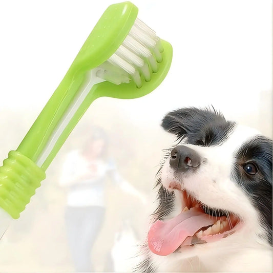 Three-sided pet toothbrush for dogs and cats