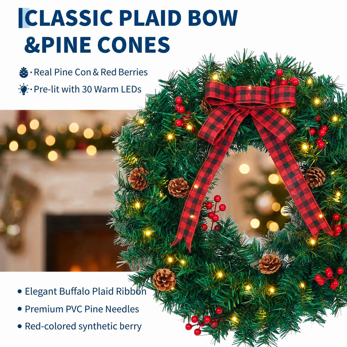Pre-lit farmhouse Christmas wreath with plaid bow - image 3