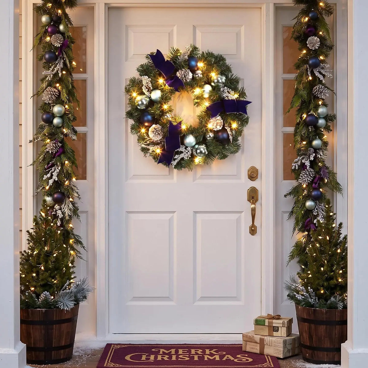 18 inch navy and silver Christmas wreath with LED lights