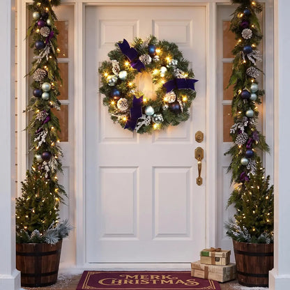 18 inch navy and silver Christmas wreath with LED lights