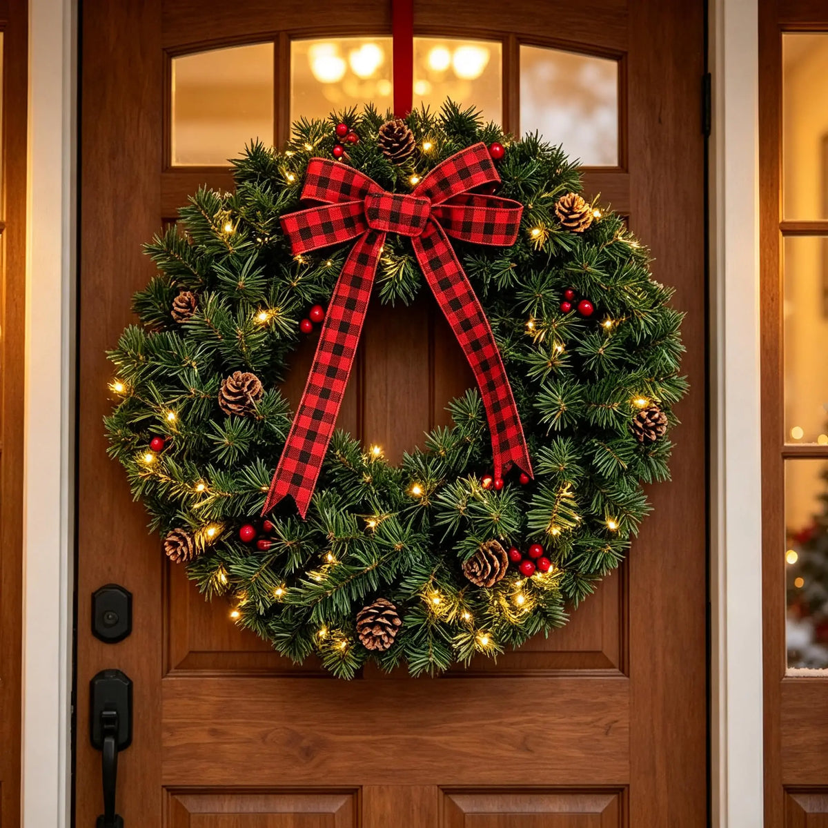 Pre-lit farmhouse Christmas wreath with plaid bow