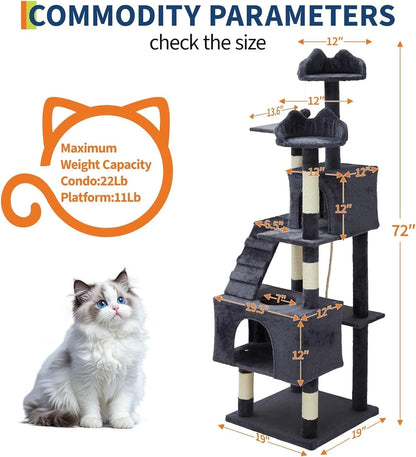 cat playing on 72 inch large cat tree tower