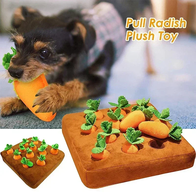 Fleece carrot snuffle mat for dog foraging play