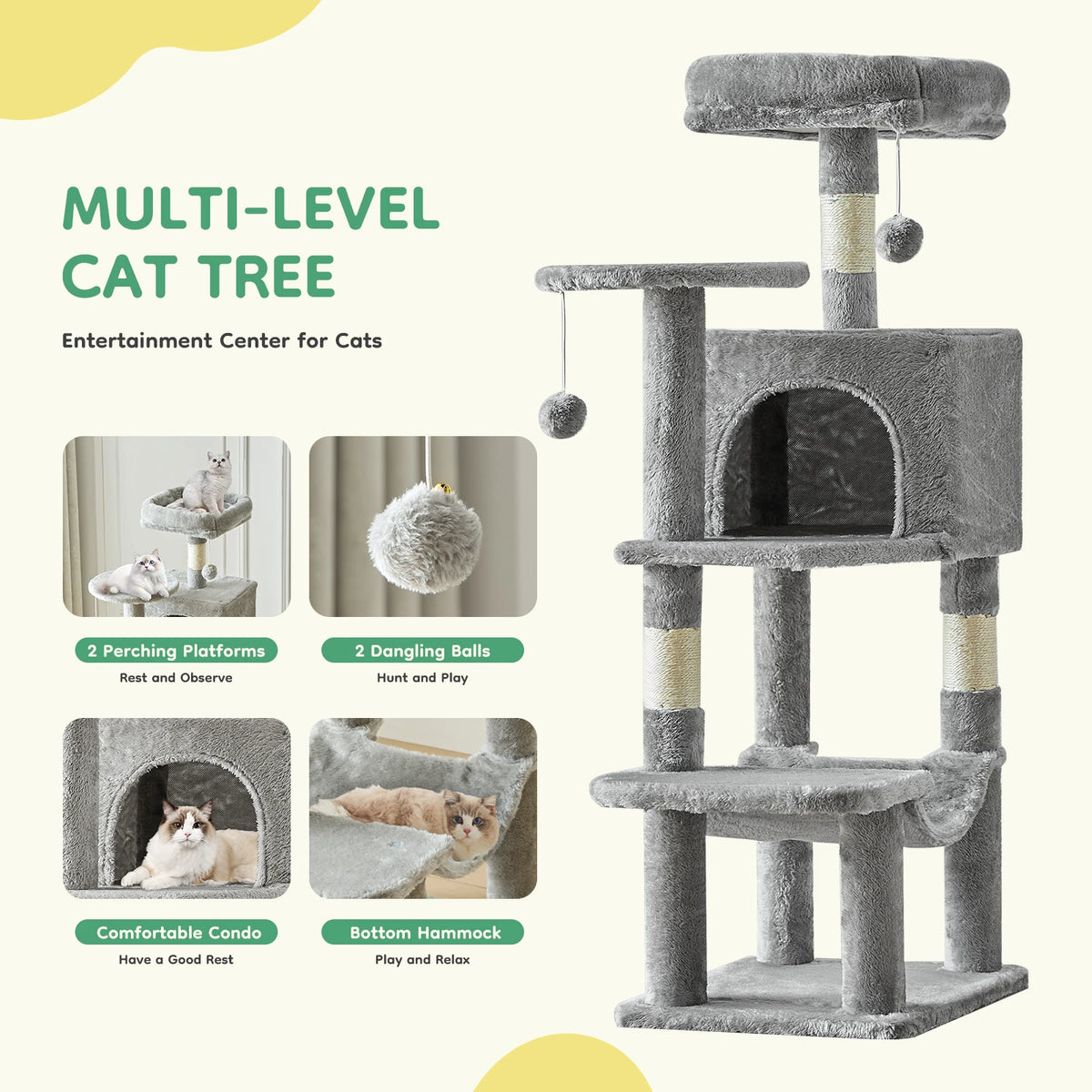 44 inch multi-level cat tree, cat resting on top perch